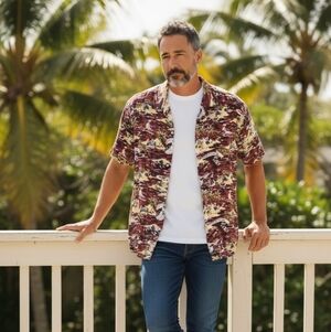 Casual Short-Sleeve Button-Down Shirt in Burgundy and Cream